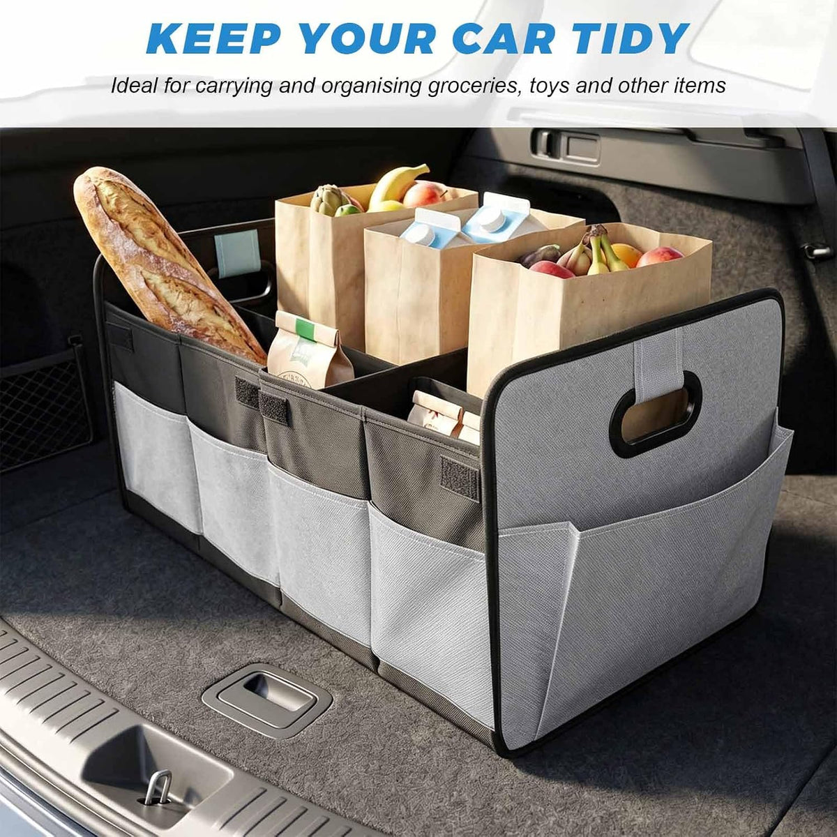 Trunk Organizer, Multi-Compartment Auto Storage Organizer with Reinforced Handles, Foldable Waterproof Oxford Trunk Cargo Storage Box for Most Vehicles, Car Accessory (Gray)