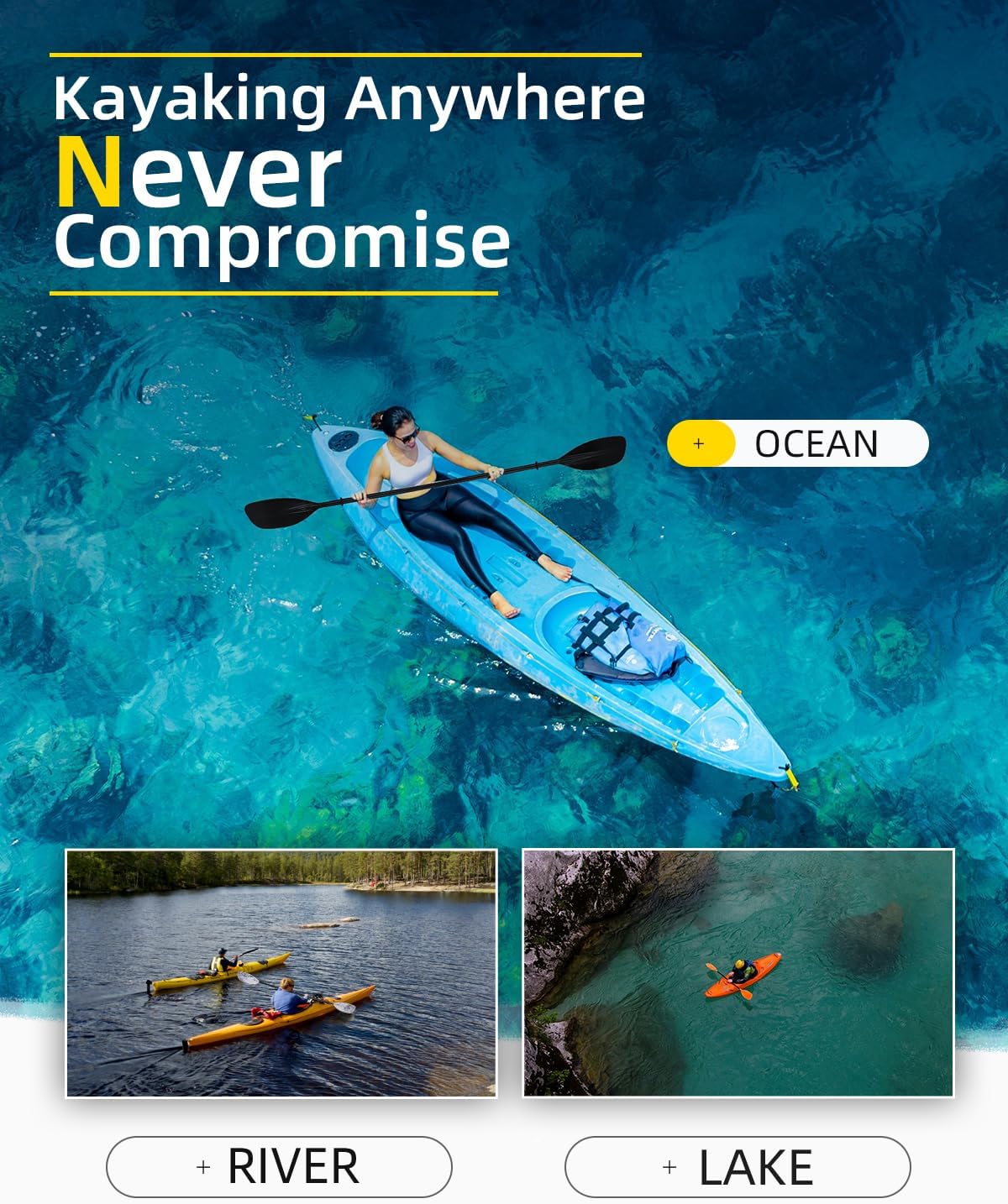 OCEANBROAD Kayak Paddle - Floatable 2-Piece Alloy Shaft Oar | 86in/218cm & 90.5in/230cm Options