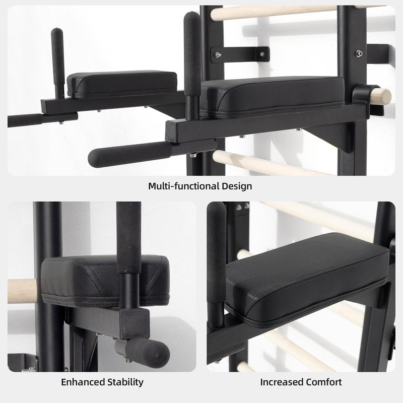RIOWLAU Swedish Ladder Dip Bar Attachment, Fits TS003A Ladder, Wood Stall Bar for School, Physical Therapy and Gymnastics, Multi-grip (Black, 28"L x 6"W x 20"H)