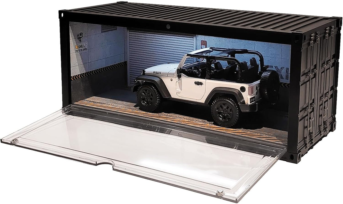 Display Case with LED Light for 1/18 Scale Model Car | Shipping Container Style Garage Diorama Show Case - Modern Mirror Reflective Interior, Grid Floor Showroom Design, Stackable