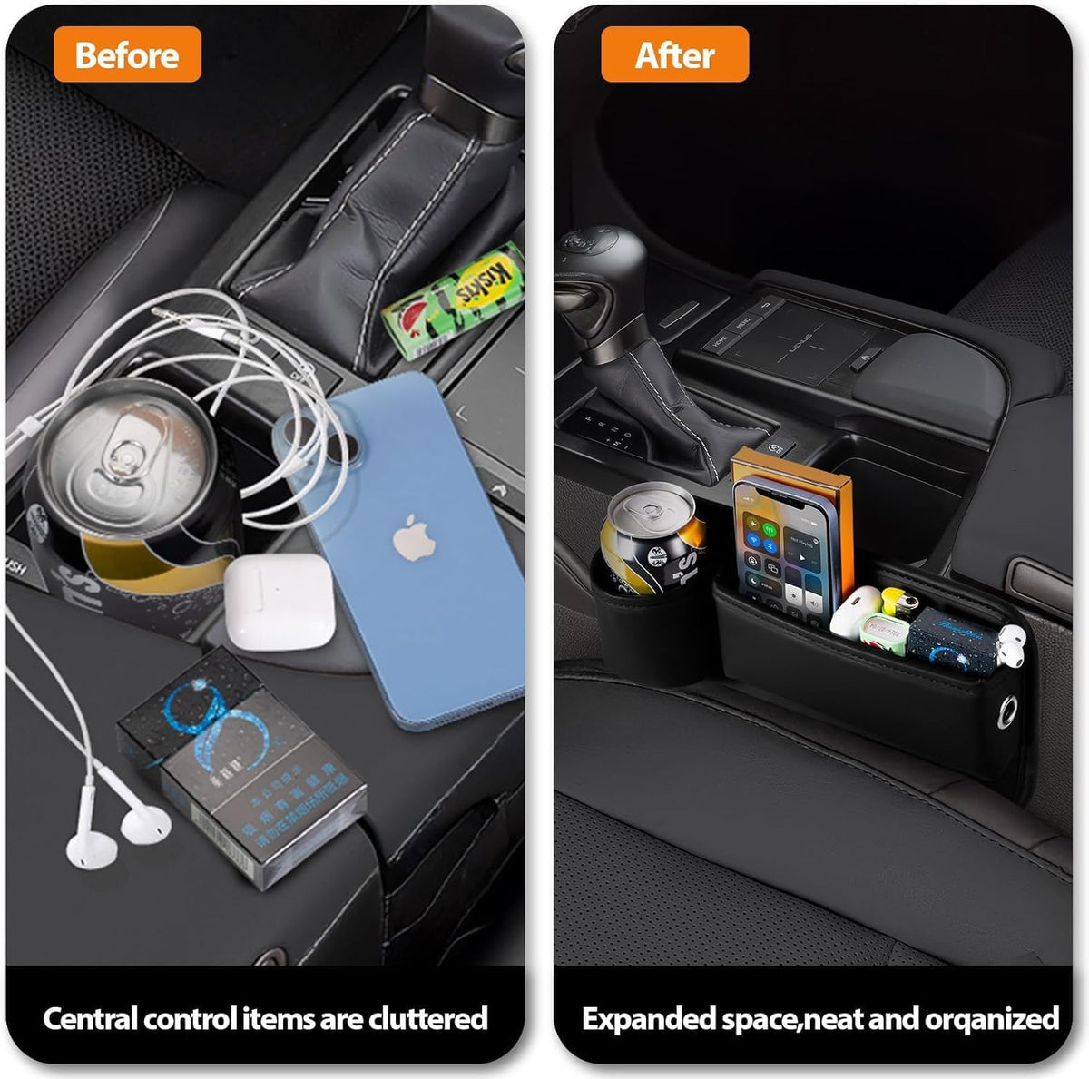 Premium Leather Car Seat Gap Filler Organizer with Cup Holder 2 Pack,
