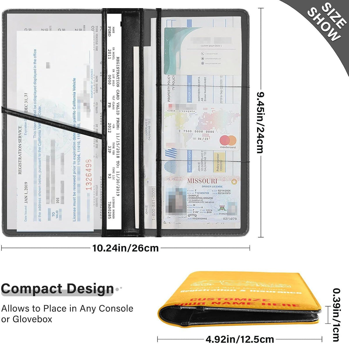 Custom Car Registration and Insurance Card Holder Personalized Leather Glove Box Organize Men Women Wallet Accessories Case for Cards, Essential Document Driver License Yellow Orange