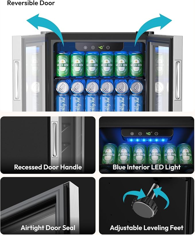 EUHOMY Mini Fridge 130 Can Beverage Refrigerator Cooler Glass Door for Soda Wine Beer, Beverage Cooler for Home, Bar, Office with Digital Temperature Control Removable Shelves, 3.2 Cu.Ft, Silver