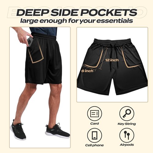 BOOJO Athletic Gym Shorts for Men - Quick Dry Black Workout Shorts with Pockets | 5-Pack Activewear