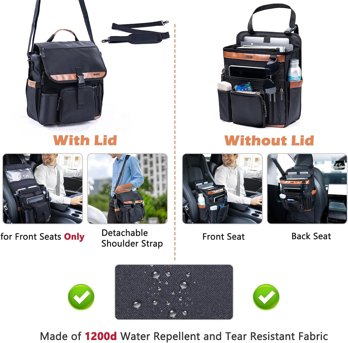 Car Seat Organizer with Lid and Laptop Compartment (Fits 15.6"), Front Seat Passenger Organizer with Adjustable Strap, Multiple Pockets, Portable Office Bag, Water-Resistant 1200D Polyester