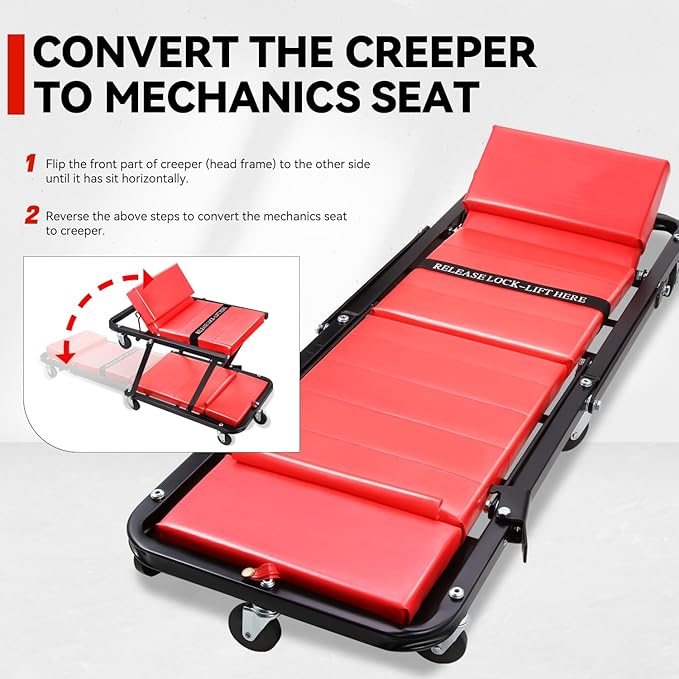 Auto Dynasty 48" Z-Creeper Seat, 2-in-1 Foldable Garage Rolling Creeper Shop Seat, 330 LBS Capacity Automotive Mechanic Under Car Repair Tool, Black