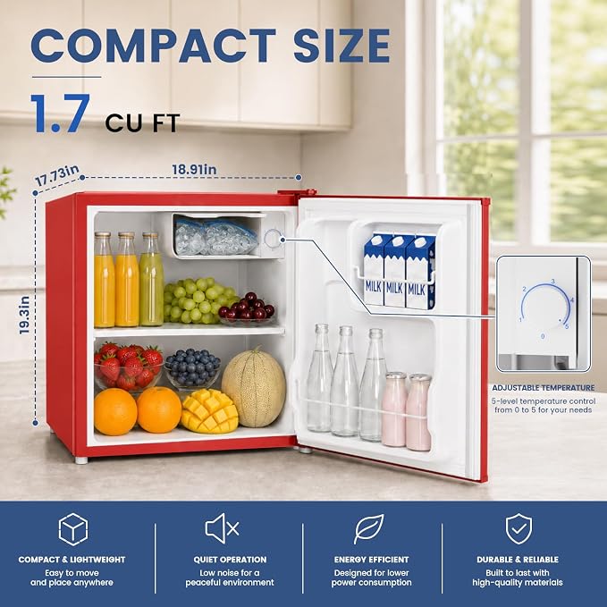 1.7 Cu.Ft Mini Fridge with Freezer for Dorm Office, Red | Compact Refrigerator Office, Energy Saving Small Fridge Reversible Single Door, Low Noise for Bedroom Small Apartment