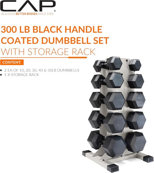 CAP Barbell Rubber Coated Hex Dumbbell Set - 100-300 lbs Free Weights with Vertical Rack | Home Gym Essentials