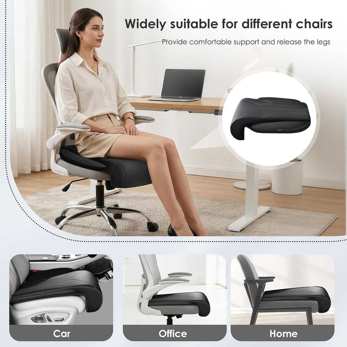 FLORICH Car Seat Extender Leg Support Cushion for Driver Seats Office Chair, Leather Memory Foam Widened seat Cushion for Long Drivers Universal Car Seat Cushion Legs Rest Pads-Dark Black