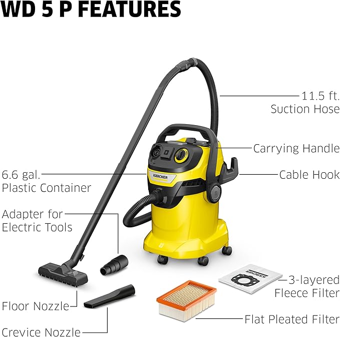 Kärcher Shop Vacuum WD 5 P, 6.6 Gal, 6.0 Peak HP, 33 ft Reach, Wet Dry Vacuum Cleaner, Heavy Duty, Blower Function, Crevice Tool, Floor Nozzle, Great for DIY Projects and Workshops