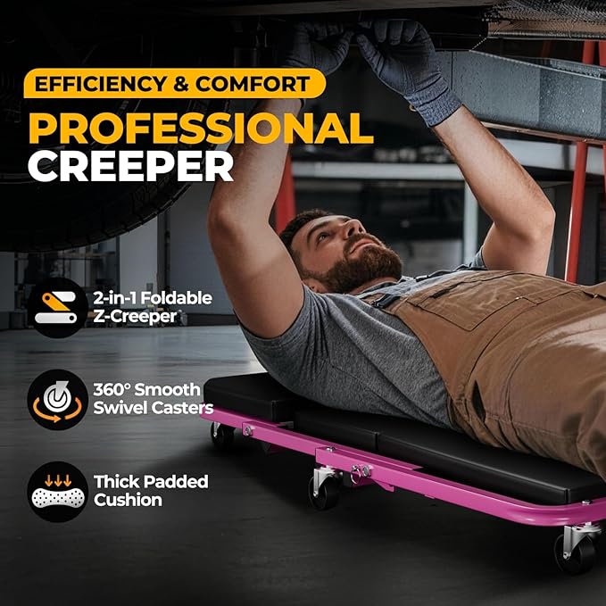 Auto Dynasty 36" Z-Creeper Seat, 2-in-1 Foldable Garage Creeper Shop Seat, 330 LBS Capacity Automotive Mechanic Repair Under Car Rolling Creeper Seat, Purple