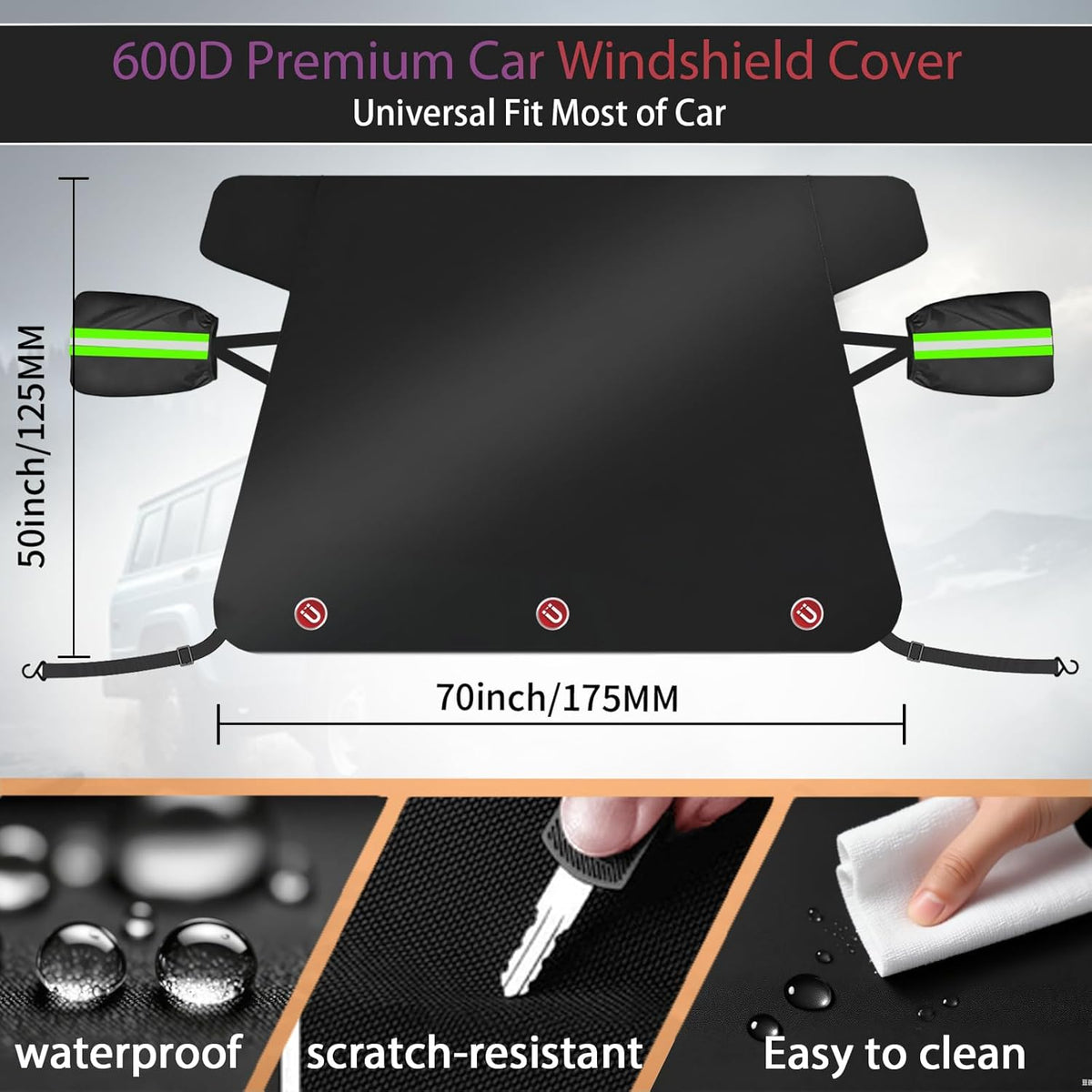 Windshield Cover for Ice and Snow - 600D Oxford Fabric Car Windshield Snow Cover Heavy Duty, Magnetic Car Anti-Snow Cover for Most Sedan Truck SUV Van and MPV, Winter Cars Accessories (70 x 50 Inch)