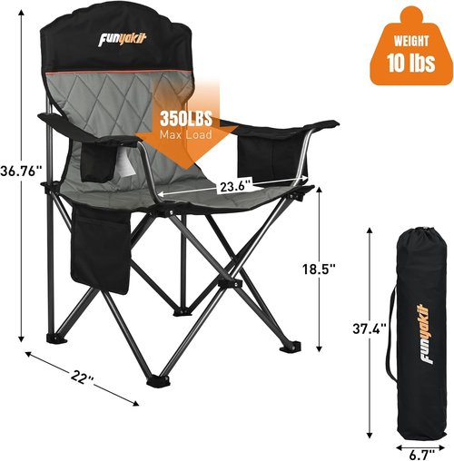 Heavy Duty Camping Chair - 350LBS Capacity | Portable Folding Chair with Cooler Bag & Cup Holder - Black