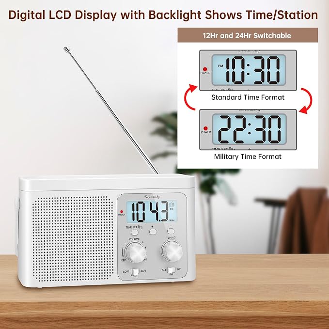 DreamSky AM FM Radio Portable - Shortwave Radio Battery Powered or Plug in Wall for Home Outdoor, Strong Reception, Large Dial Easy to Use, Digital Time Display, Transistor Antenna, Seniors Small Gift