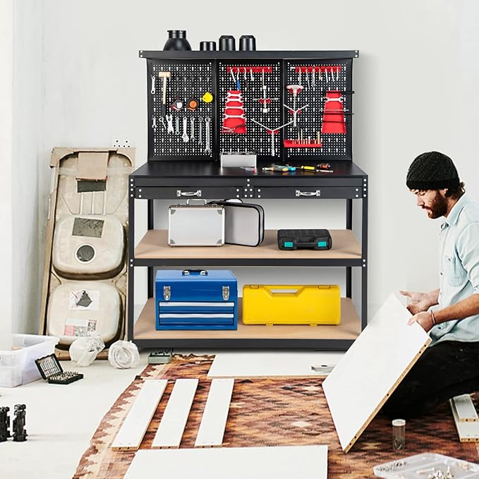 Goplus Work Bench with Storage, 48" x 24" Work Table with Pegboard, 2 Drawers, Hanging Accessories, Topping Space, 4-Tier Heavy Duty Metal Tool Storage Bench, Workbench for Garage, Workshop