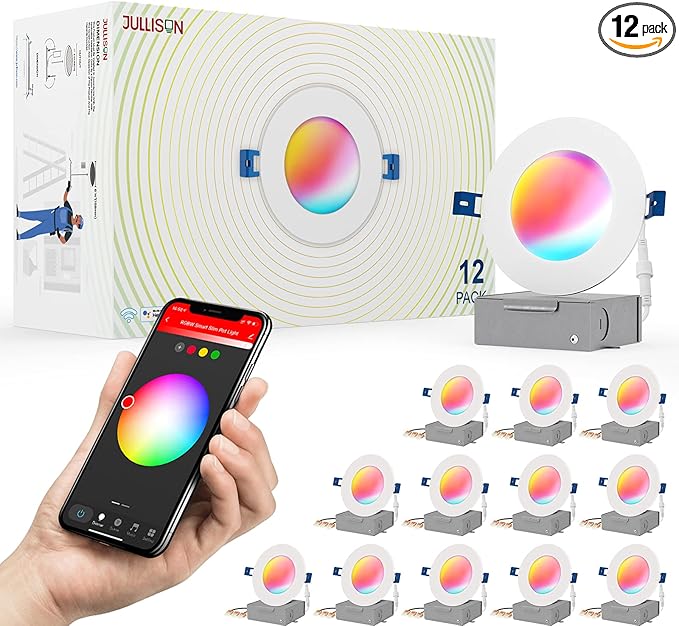 4 Inch LED Smart Slim Recessed Pot Light, WiFi APP & Voice Control, 120V, 9W, 600LM, RGB + 2700K-6000K, ETL & FCC & IC Rated, Wet Location, Compatible with Alexa/Google Home, White - 12 Packs