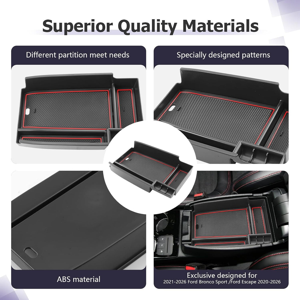 LUWU Center Console Organizer Compatible with Ford Escape 2020-2025 2026 Accessories Bronco Sport 2021-2025 Accessories Armrest Console Storage Box Insert Tray ABS Material Black Coin Container Red