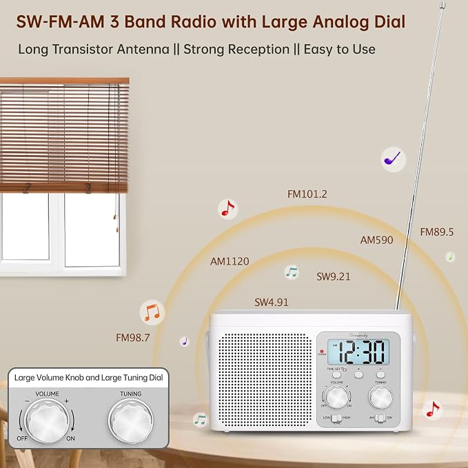 DreamSky AM FM Radio Portable - Shortwave Radio Battery Powered or Plug in Wall for Home Outdoor, Strong Reception, Large Dial Easy to Use, Digital Time Display, Transistor Antenna, Seniors Small Gift