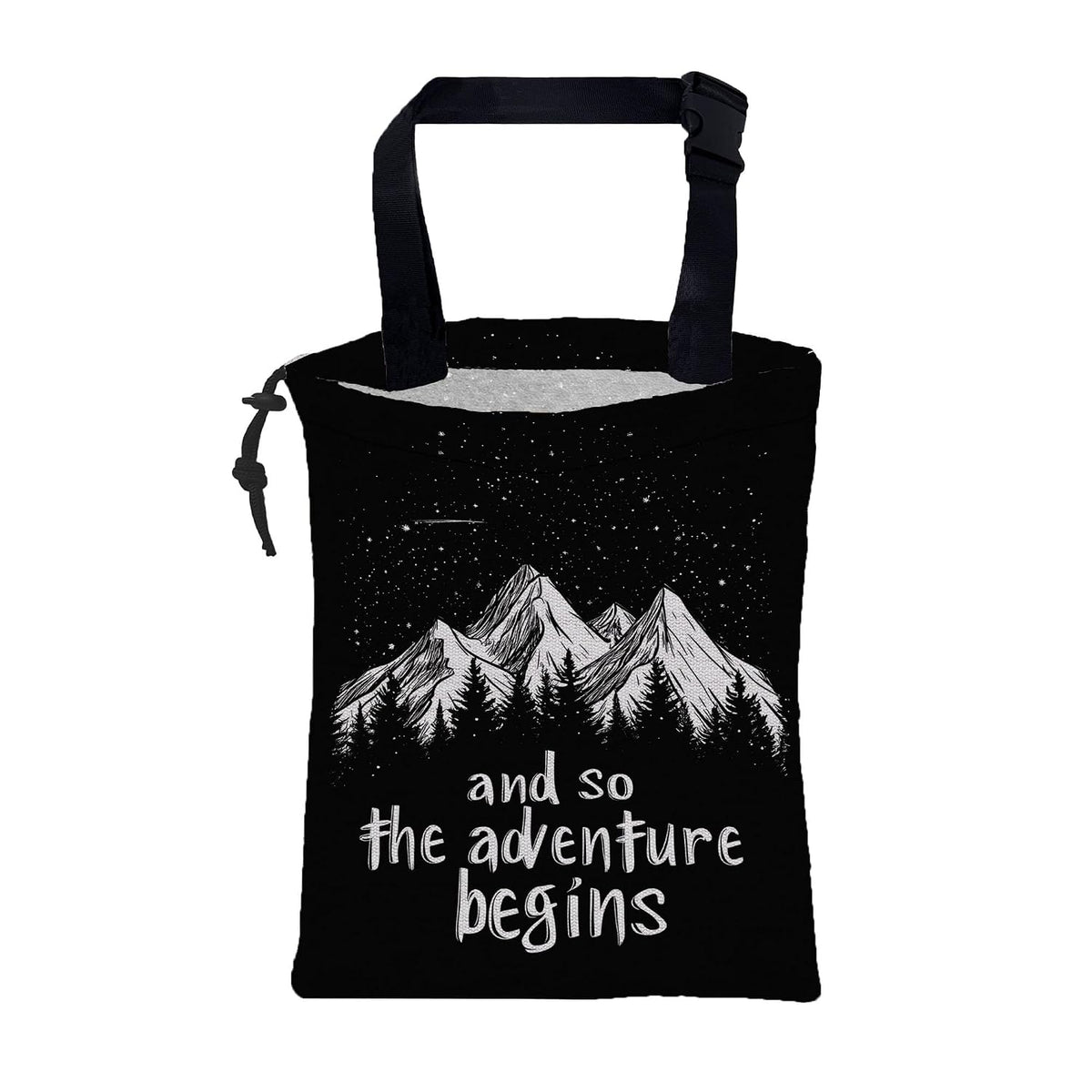 Mountains and Stars Car Garbage Bag The Adventure Begins Drawstring Car Trash Bag Hanging for Back Seat with Adjustable Buckle Canvas Vehicle Trash Can Easy-to-Install