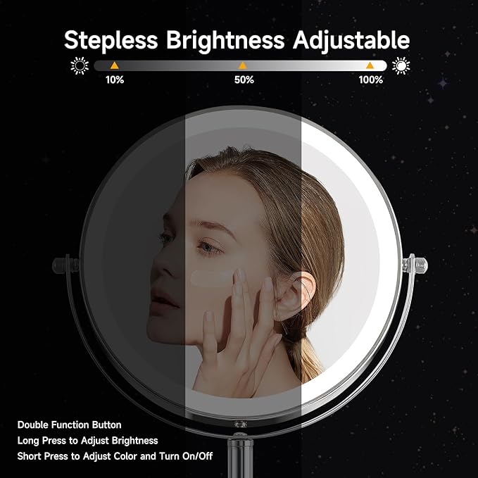 Lighted Makeup Mirror with Brighter Lights,1x/10xTrue HD Magnifying Tabletop Vanity Mirror with Touch Control, 360°Rechargeable Double Sided Mirror with 3 Colors Dimmable Lights