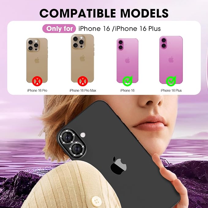 for iPhone 16/16 Plus Camera Lens Protector Bling Individual Metal Glitter Ring