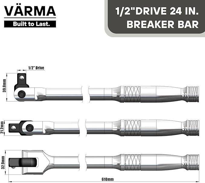 1/2-Inch Drive Breaker Bar, 24-Inch – Heavy Duty CR-MO Head & 23mm Thick Shaft – Dual-Knurled Non-Slip Grip, Constant Tension Flex Head, Premium Mirror Chrome Finish