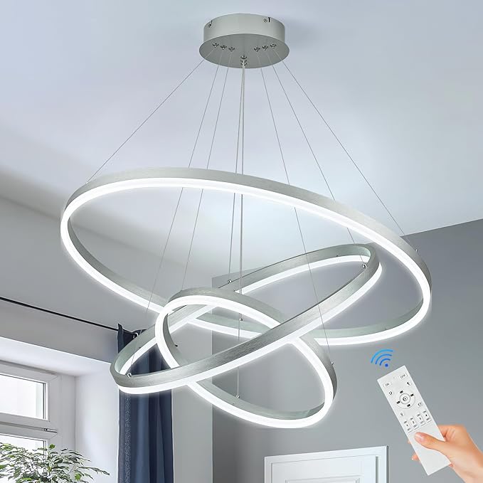 3-Rings Modern LED Chandelier Silver, Dimmable Pendant Lighting