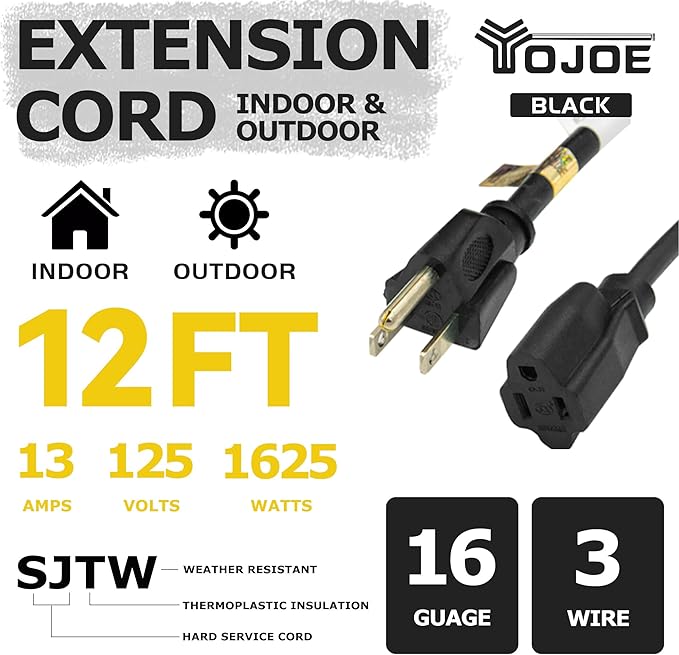 YOJOE Indoor Outdoor Extension Cord, 3 Prong 13A Weatherproof Power Cord, 16 Gauge Heavy Duty 12 ft Black Extension Cord for Garage, Garden and Home, 16/3 SJTW UL Listed