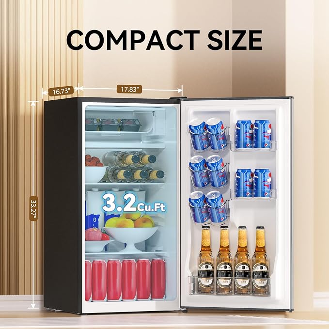 3.2 Cu. Ft. Mini Fridge with Freezer Small Refrigerator, Mini fridge for Bedroom, Dorm, Single Door, Energy Saving, Low Noise,Adjustable Thermostat,Mini Fridge for Office (Grey)