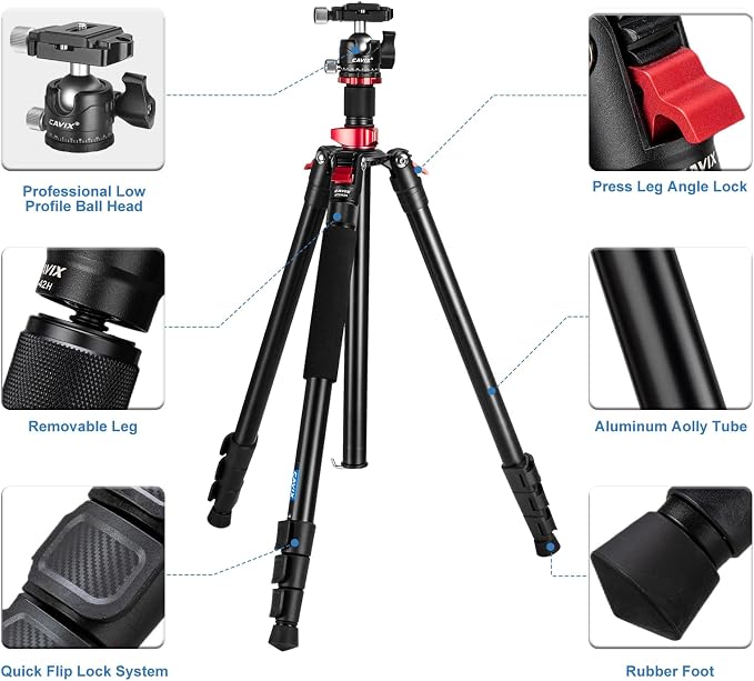 CAVIX 79" Camera Tripod, 2-in-1 Aluminum Alloy Tripod