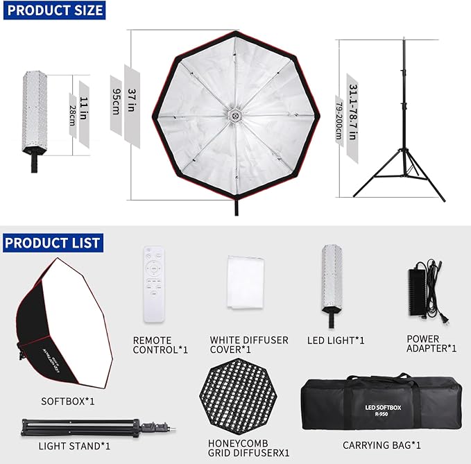 110W Softbox Lighting Kit, 37.4 "/95cm Large Octagonal Parabolic Soft Box