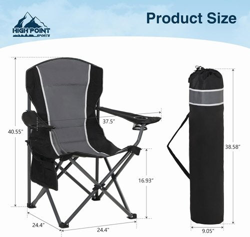 High Point Sports Oversized Camping Chair - Heavy Duty Portable Lawn Chair with Cup Holder | Supports 350 LBS, 2 Pack, Gray-Black