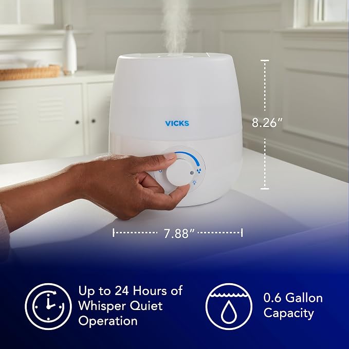 Vicks NaturalCare Cool Mist Ultrasonic Humidifier, Small Room Humidifier for Bedroom, Diffuser with Nighttime Light, Works with Vicks VapoPads, White