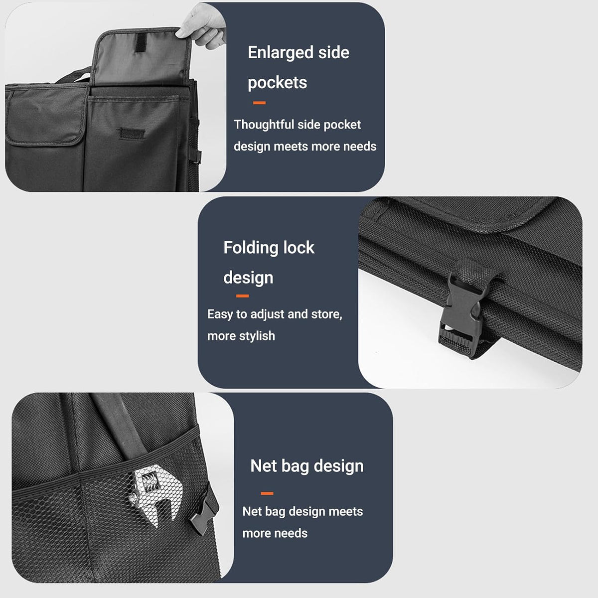 Trunk Organizer for Car Foldable Sturdy Style with 3 Compartments Holds Auto Accessories Tools Automotive Consoles and Organizers For Vehicle Trunk Storage (Black)