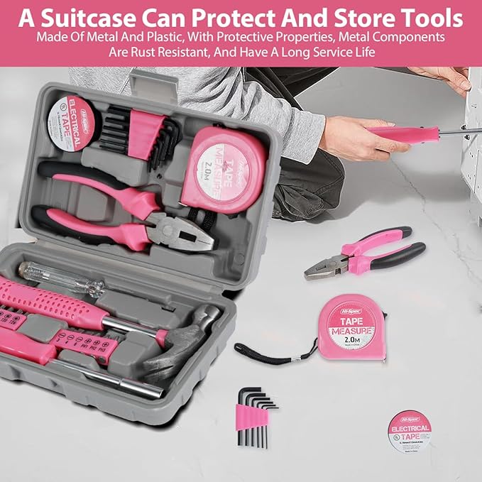 24pcs Small Tool Kit, Pink Mini Tool Kit for Women, Multi-Purpose Home Hand Tool Set with Case, Basic Household Tool Kit for College, Dorm, Office, Garage