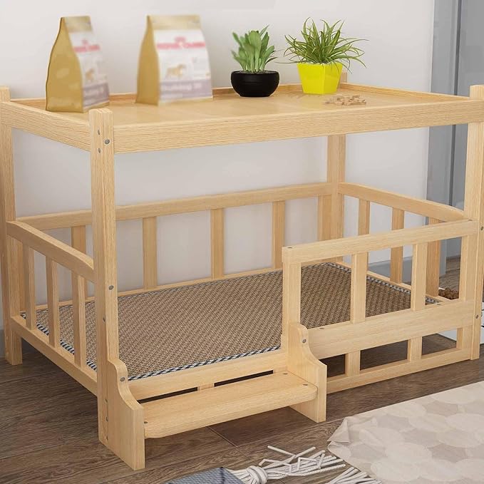 XPLKQXE Dog Bed Wood Platform, Elevated Pet Cushion Bed, Animal Couch with Mattress, Dog Beds & Furniture Rest Cot, Portable Fence Bed Pet Up to 45kg/100lbs(Color:Gray,Size:120x60x70cm)