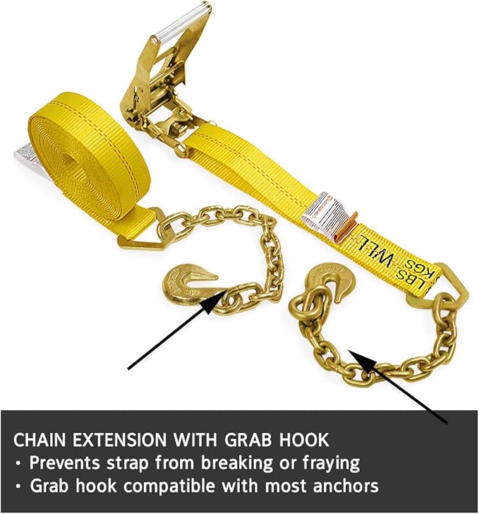 Two 2-in. X 27-Ft. Heavy-Duty Ratchet Straps with Chain Ends and Grab Hooks, 10,000 Lbs. Break Strength | Chain TieDowns By DC Cargo Mall