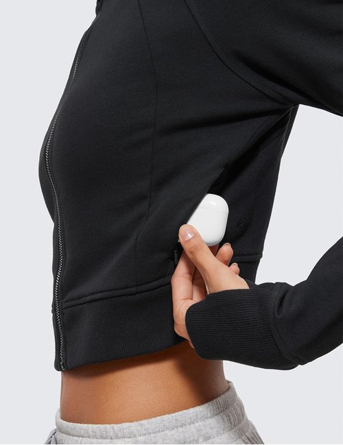 CRZ YOGA Women's Fleece Zip-Up Cropped Hoodie - Athletic Long Sleeve Jacket with Thumb Holes
