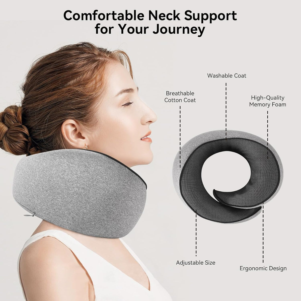 Travel Neck Pillow for Airplanes, Memory Foam Neck Pillow with Ergonomic 360° Support, Compact Design for Plane, Car & Office Travel Essentials, Gray