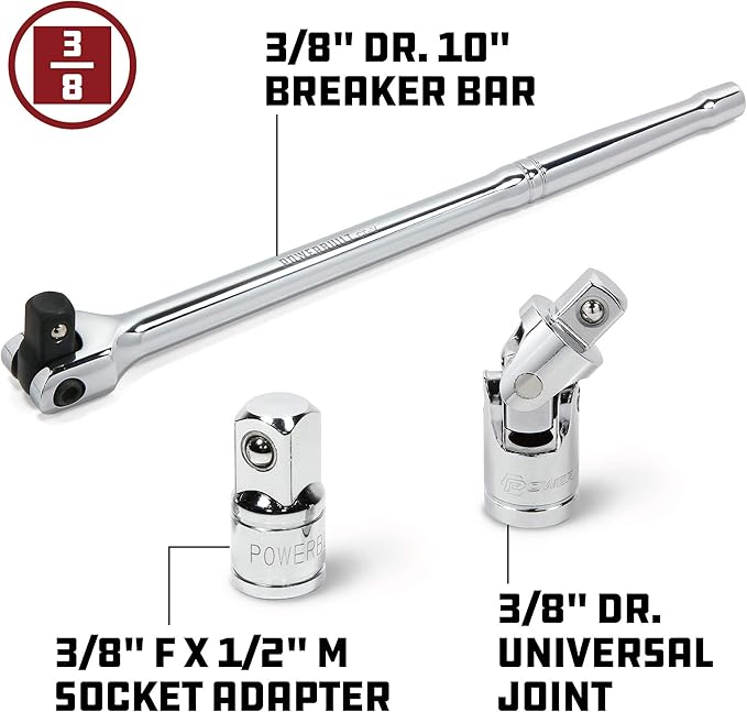 Powerbuilt Flex Head 3/8-Inch Drive Breaker Bar Extension with Socket Adapter and Universal Joint Set, 10 Inches Long Flex Handle, 3/8" Drive Female by 1/2" Drive Male Adapter - 641511