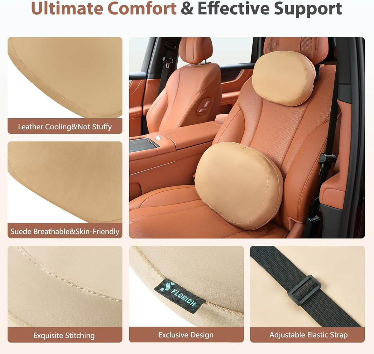 FLORICH Car Headrest and Lumbar Support Double-Sided Suede & Leather Neck Rest Cushion with Back Support Breathable Car Seat Headrest and Lumbar Support for Car Office Chair Fatigue Relief, Brown