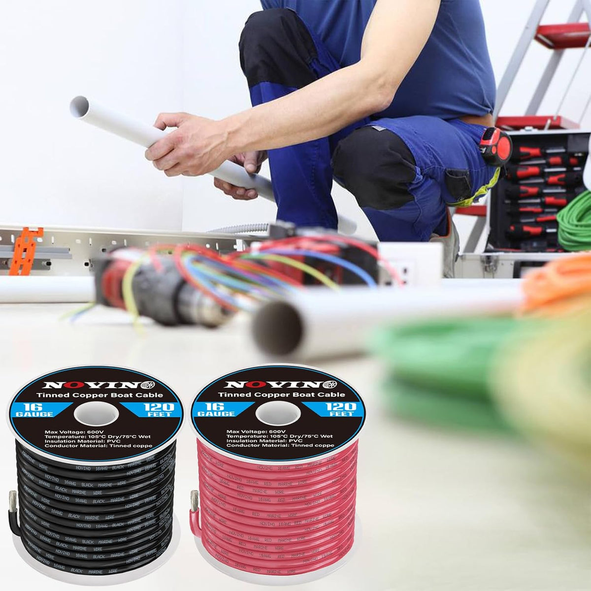 Skiennix 16 Gauge Marine Wire - 16AWG Tinned Copper Electrical Cable | 120FT Red & Black for Boats, RVs, and Solar Applications