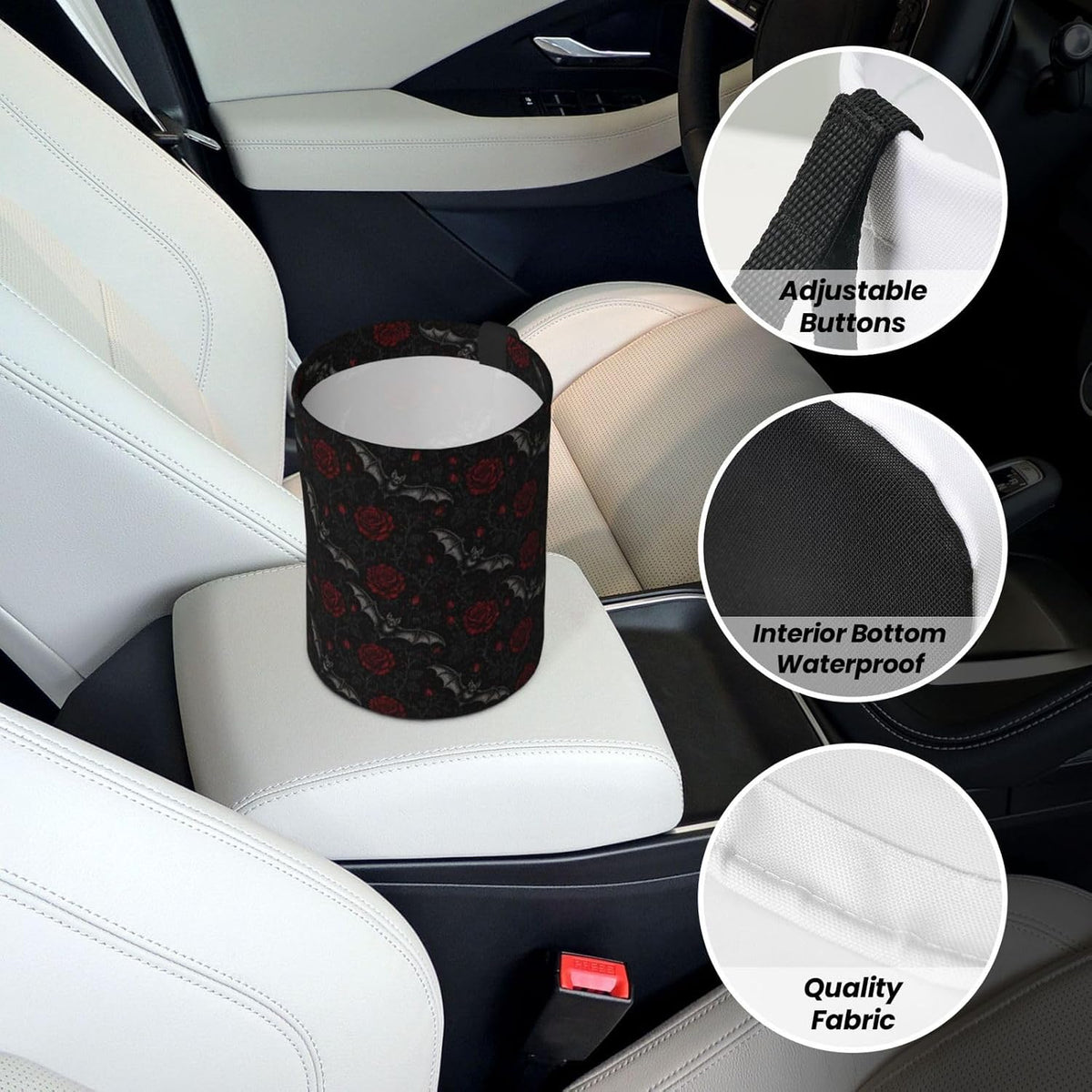 Goth Bat Rose Car Trash Can,Waterproof Hanging Car Garbage Bag for Headrest & Console,Adjustable Collapsible Vehicle Waste Basket with Magic Tape,Car Decor Travelling,Camping,Outdoor