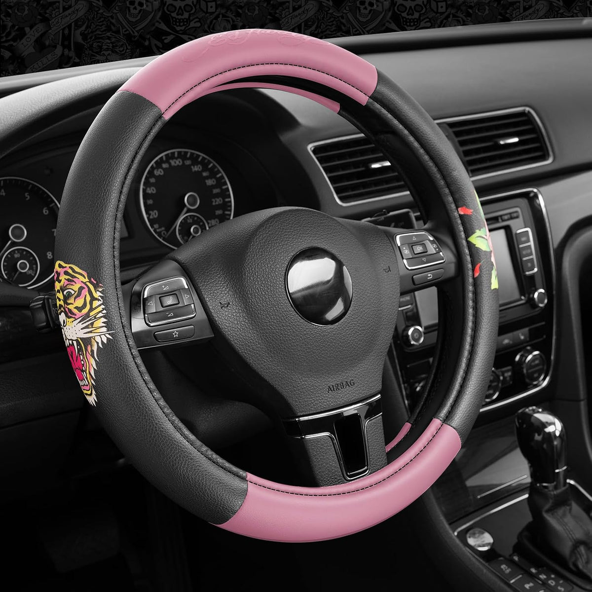 ED HARDY Tiger Print Steering Wheel Cover, Pink Leather Universal Car Streeing Cover, Fits 14.5-15.5 Inch Steering Wheels, Anti-Slip Comfortable Grip, Durable Auto Interior for Cars, SUVs, Trucks