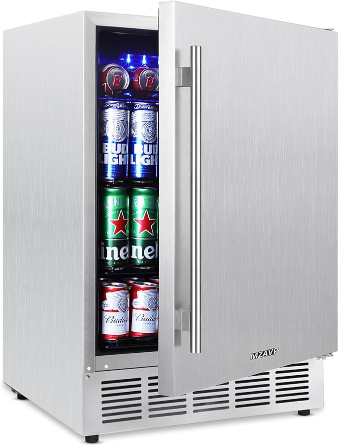 24 Inch Outdoor Beverage Refrigerator, Stainless Steel Outdoor Fridge 180 Can Under Counter Built-in/Freestanding, Waterproof, Fast Cooling, Low Noise - Outdoor Refrigerator for Home and Patio