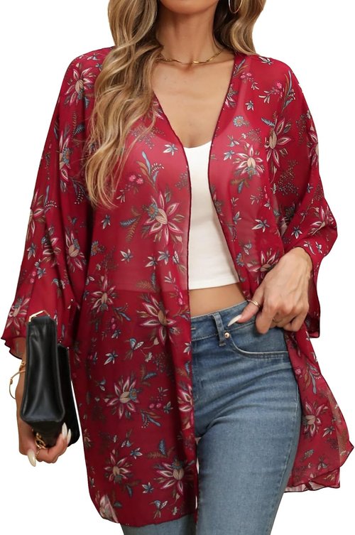 Argstar Women's Kimono Cardigan - Lightweight Chiffon Floral Cover-Up for Summer Beachwear | 3/4 Sleeve
