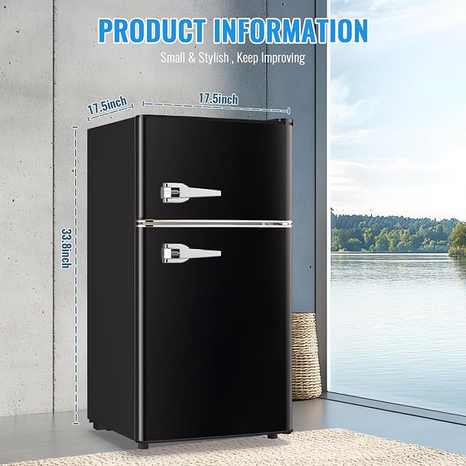 3.5 Cu.Ft Retro Mini Fridge with Handle Compact Refrigerator Black | Dual Door Refrigerator with Freezer 7 Gears Temperature Control Ideal for Bedroom Dorm Office