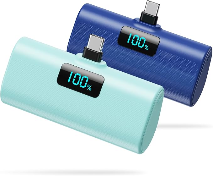 [2-Pack]Small Portable Charger 5200mAh, Upgraded PD USB C Power Bank Built-in USB-C Connector, LCD Display Battery Pack Compatible with iPhone 15/15 Plus/15 Pro/15 Pro Max/Samsung Android(Blue+Green)