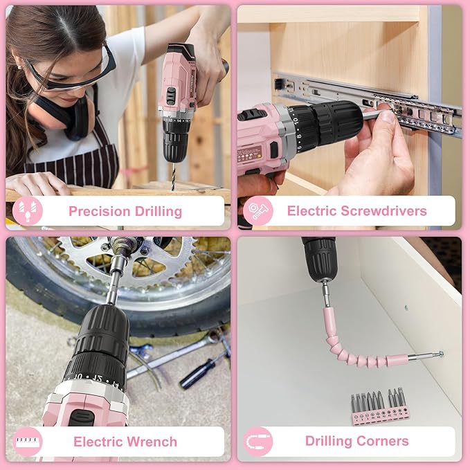 Sundpey Home Tool Kit with Drill - 206PCs Pink Tool Kit with 12V Cordless Power Drill for Household Repair - Portable Basic Pink Tool Box for Women with DIY Hand Tool Set(Screwdrivers & Pliers)