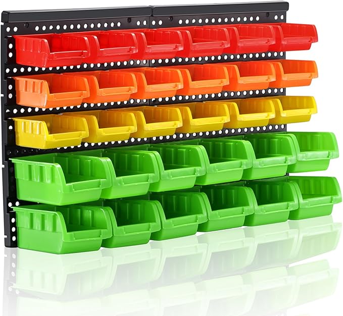 MULSAME Wall Mounted Storage Bins Parts Rack 4 Colors Bin Organizer Garage Plastic Shop Tool, Garage Organizers and Storage (Style-Vivid) 25.2"*16.2"